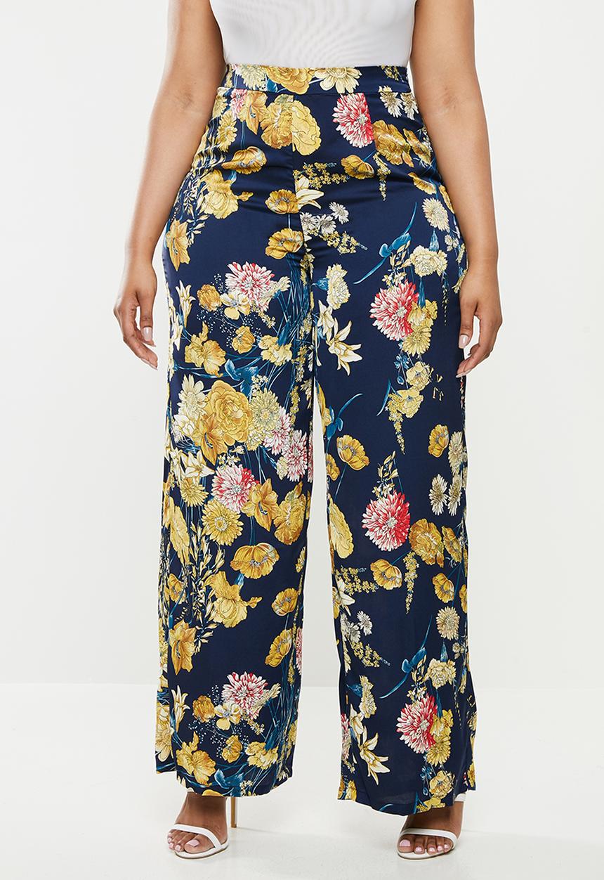 Missguided - Plus floral high waisted wide leg trousers - navy