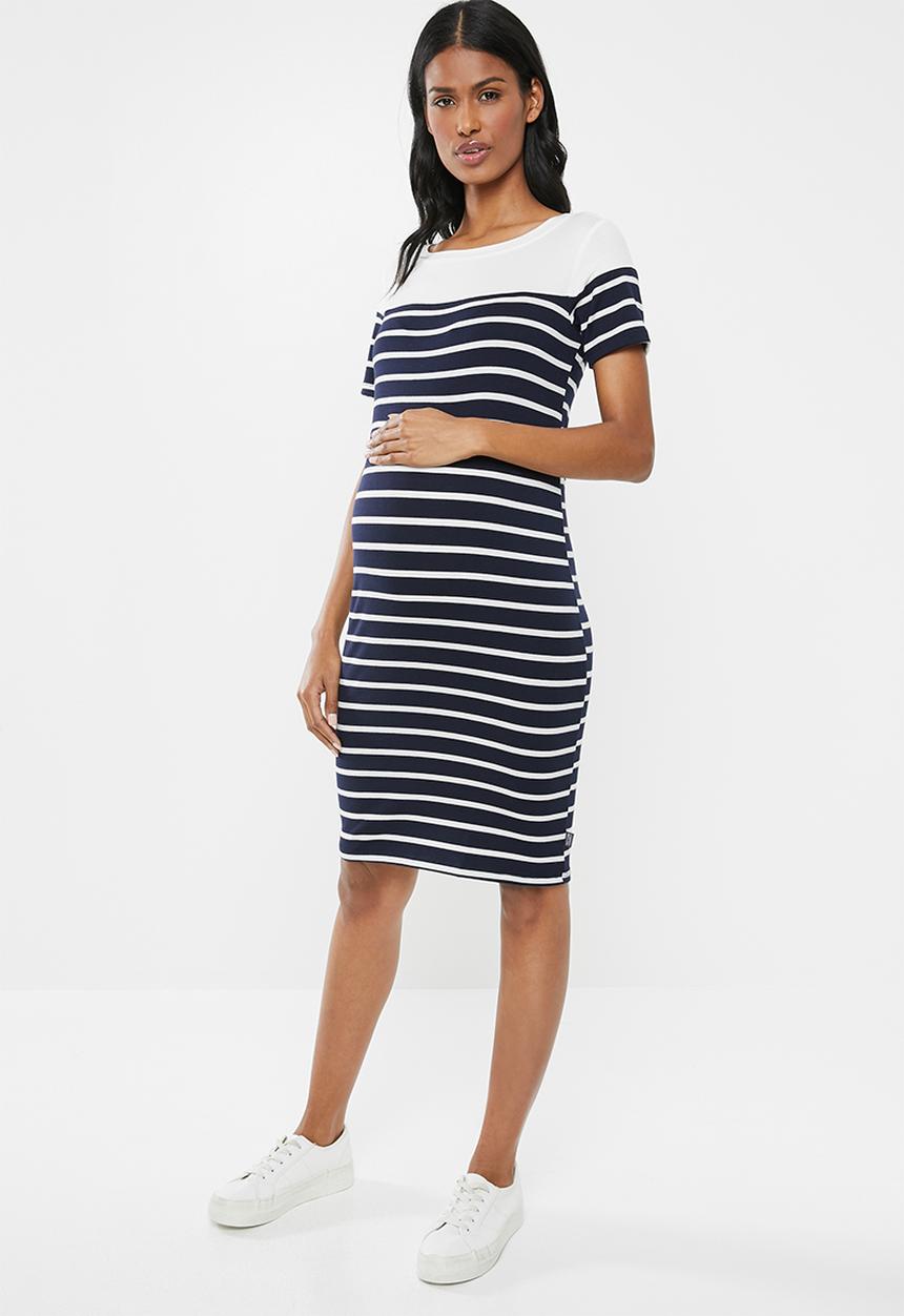 Cherry Melon - Maternity Boatneck contrast dress - navy & white