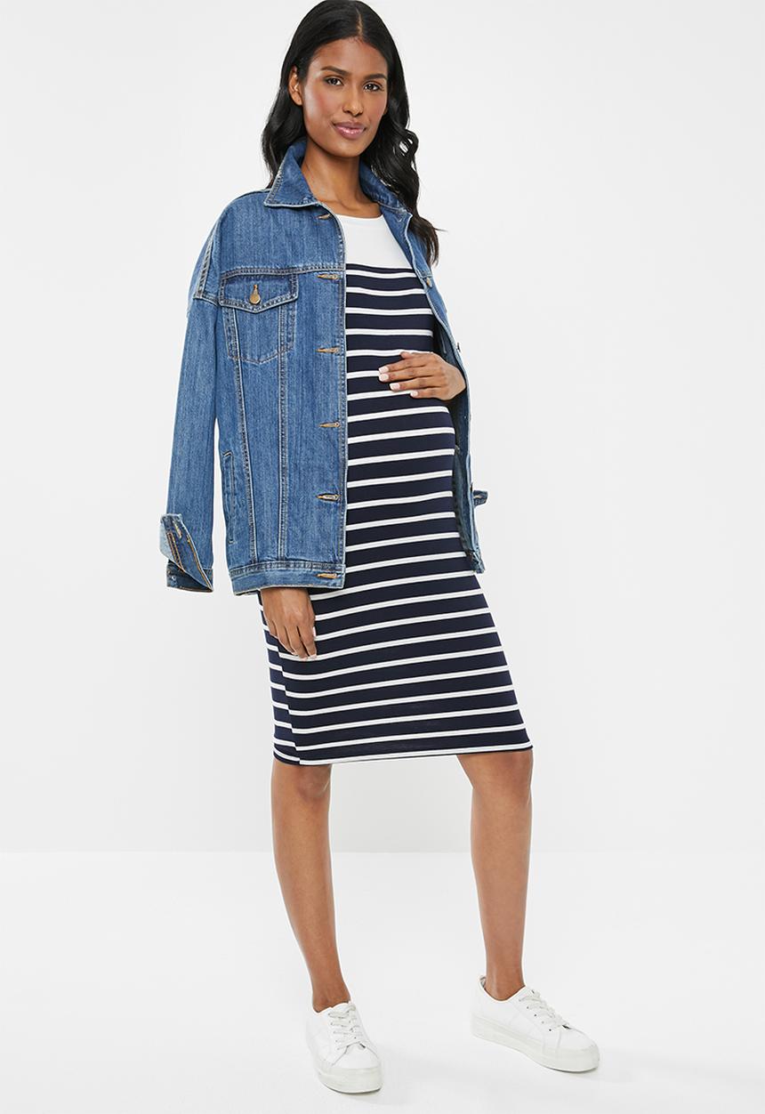 Cherry Melon - Maternity Boatneck contrast dress - navy & white