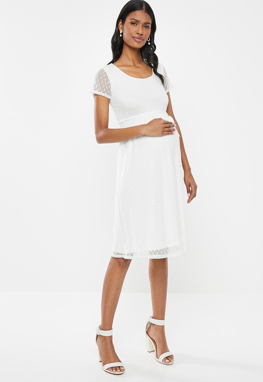 Cherry Melon - Maternity Dot mesh scoopneck dress - white
