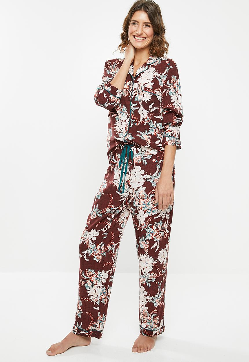DORINA - Muriel long pants - burgundy & green