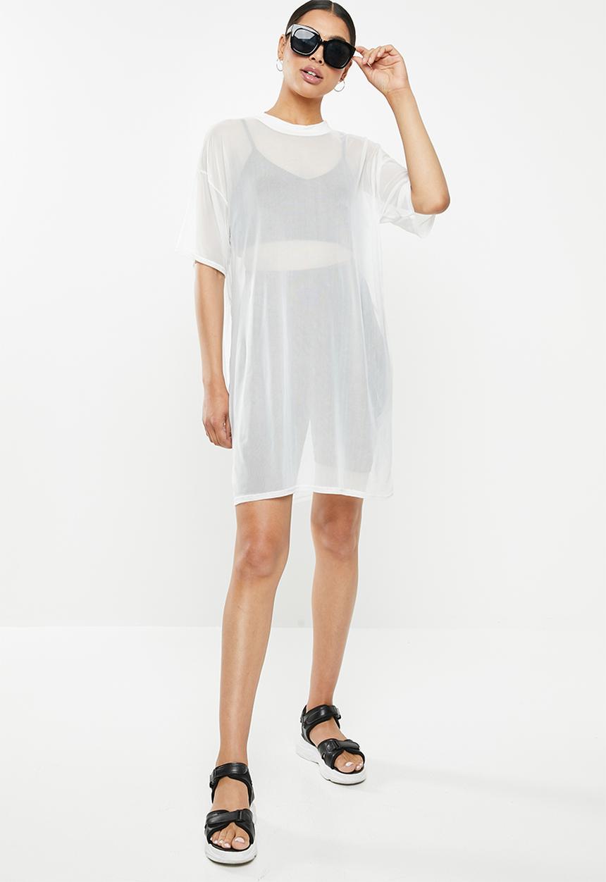 Missguided - Oversized mesh short sleeve T-shirt dress - white