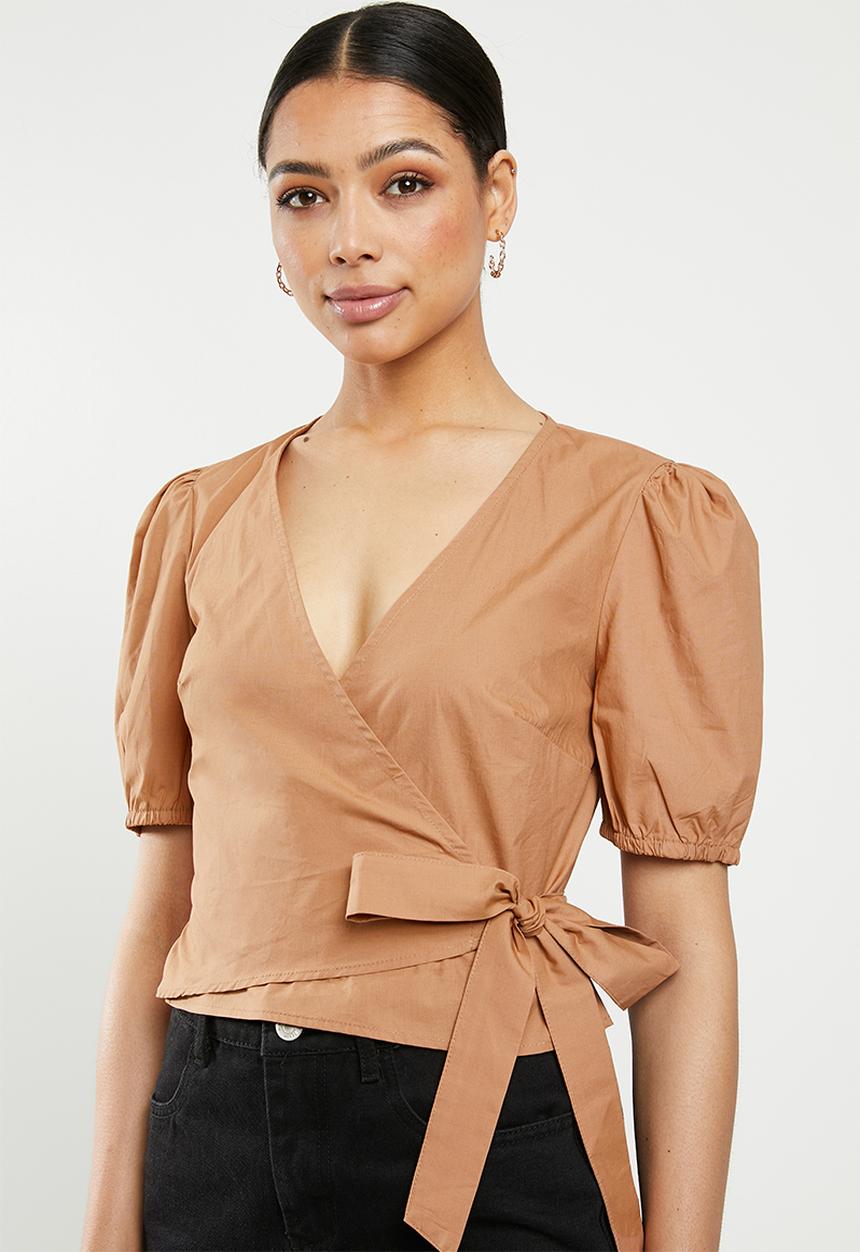 Missguided - Poplin wrap front puff sleeve crop blouse - brown 
