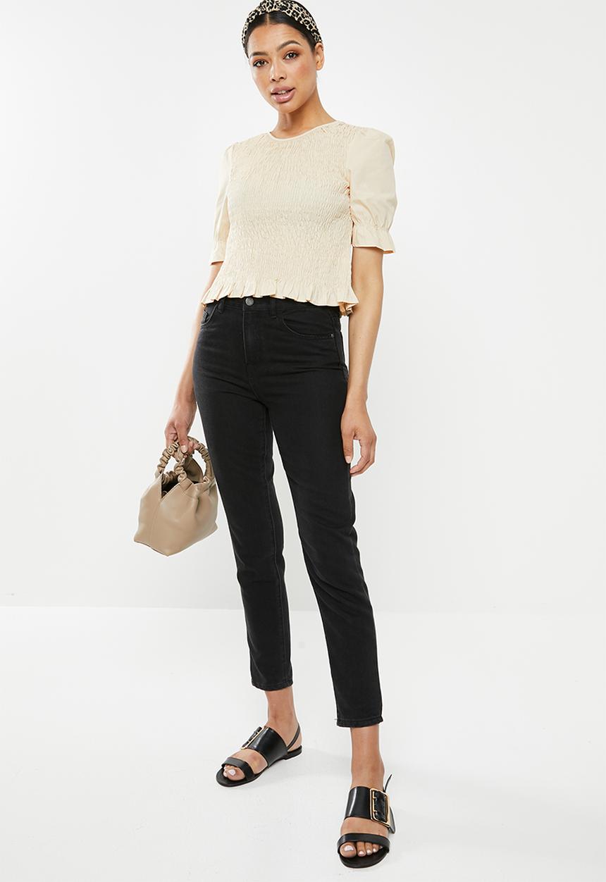 Missguided - Poplin shirred puff short sleeve top - beige