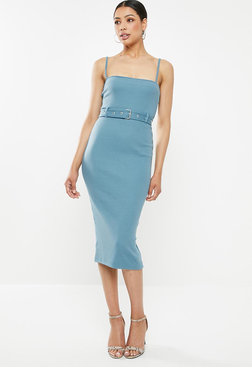 Missguided - Rib belted cami midi dress - blue