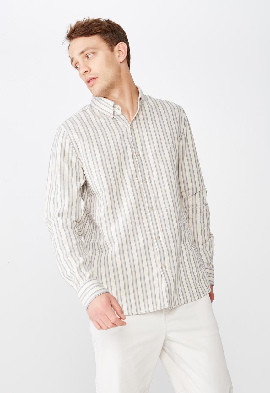 Cotton On - Natural stripe linen cotton long sleeve shirt - beige & cream 