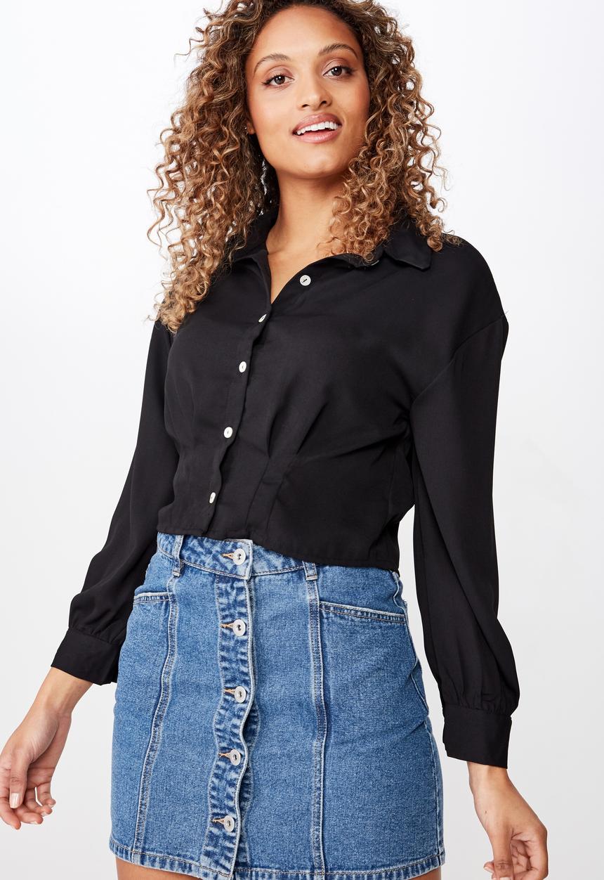 Cotton On - Ashley cropped pintuck shirt  - black