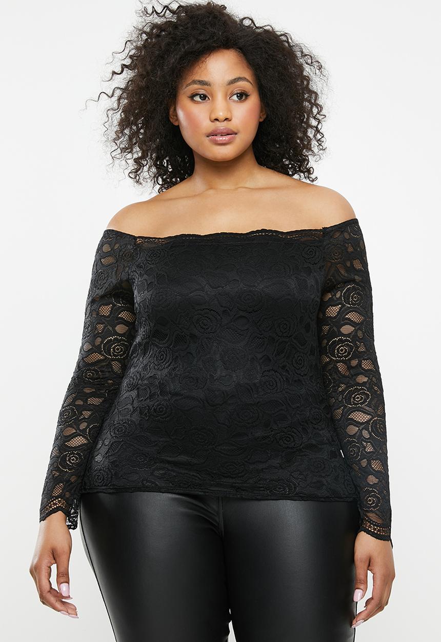 Missguided - Curve bardot lace long sleeve top - black