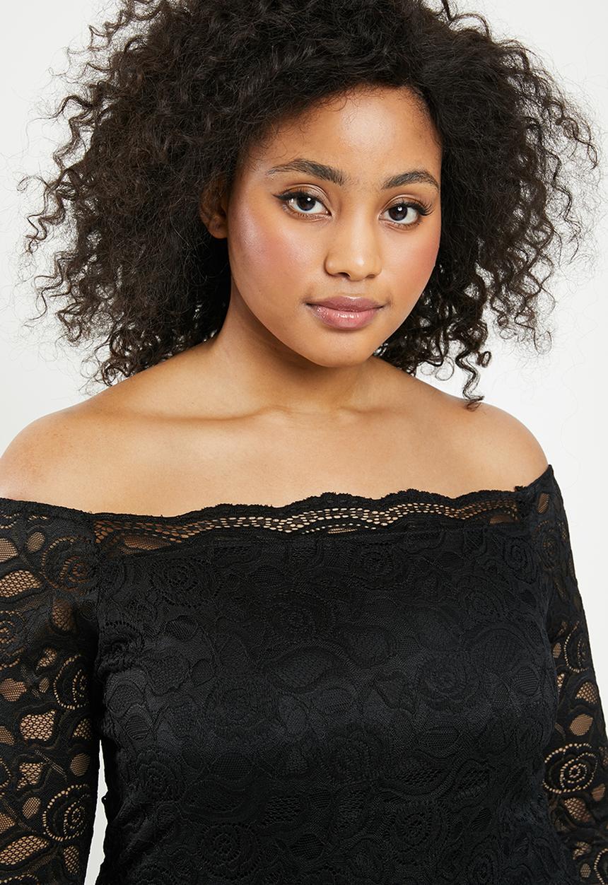 Missguided - Curve bardot lace long sleeve top - black