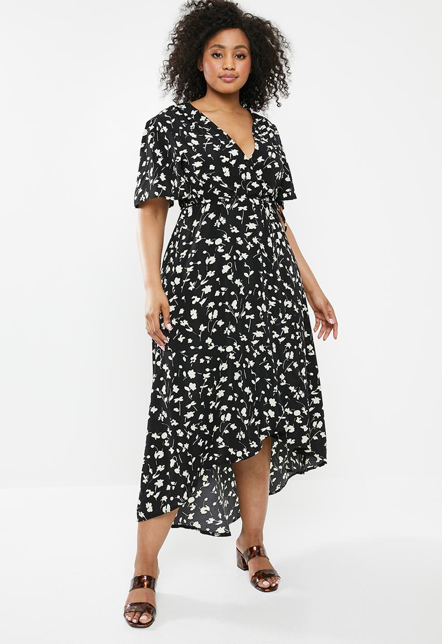 Missguided - Curve floral dip hem dress - black & white