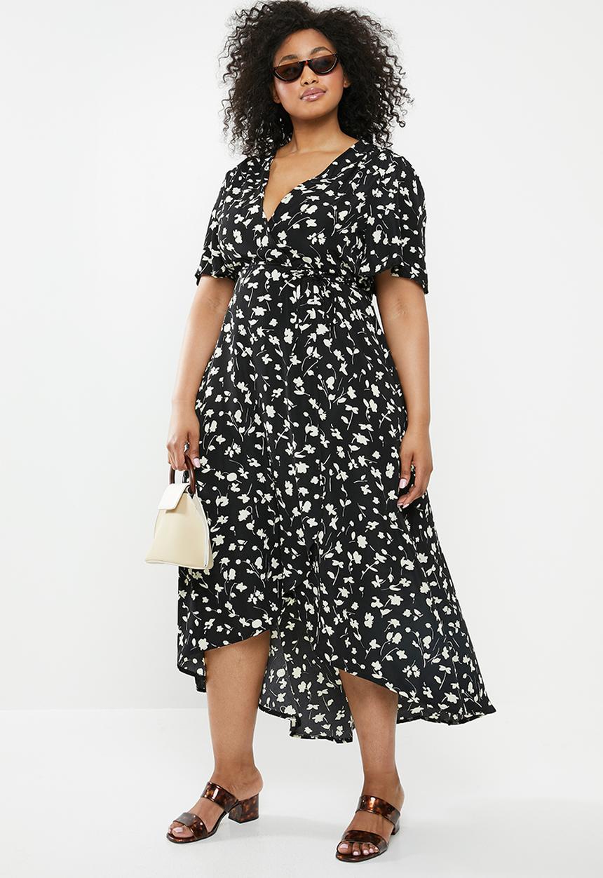 Missguided - Curve floral dip hem dress - black & white