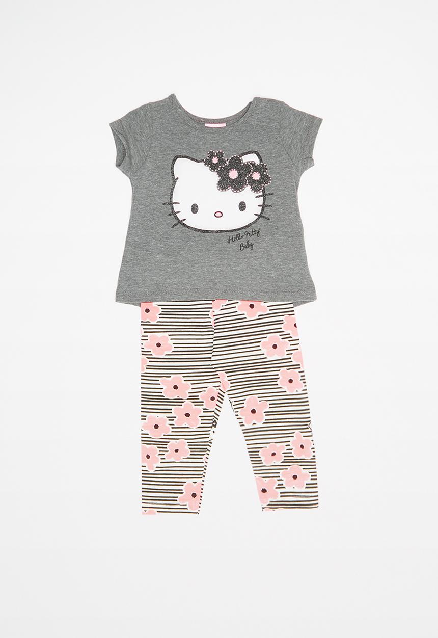 Hello Kitty - Elastane jersey top and legging set - grey & pink