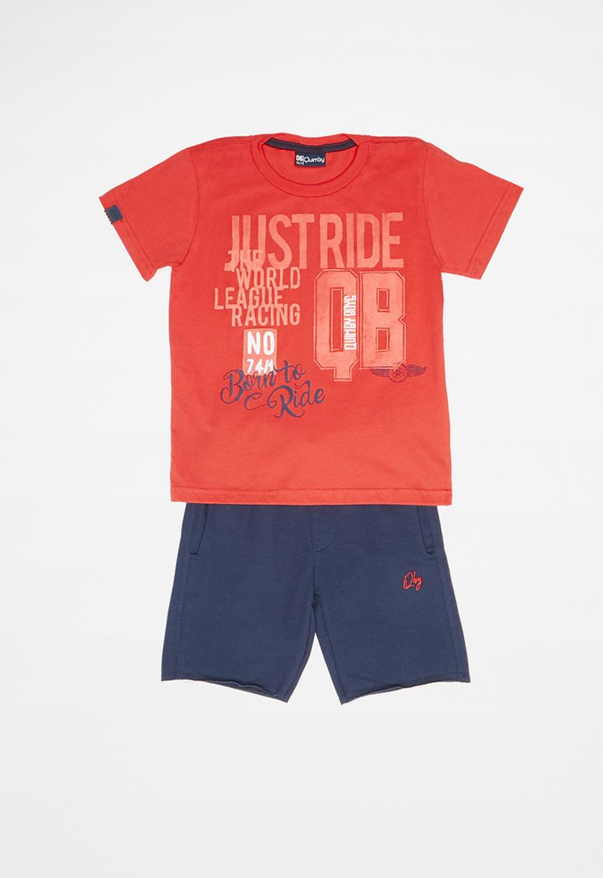 Quimby - Single jersey T-shirt and sweat bermuda set - red & navy