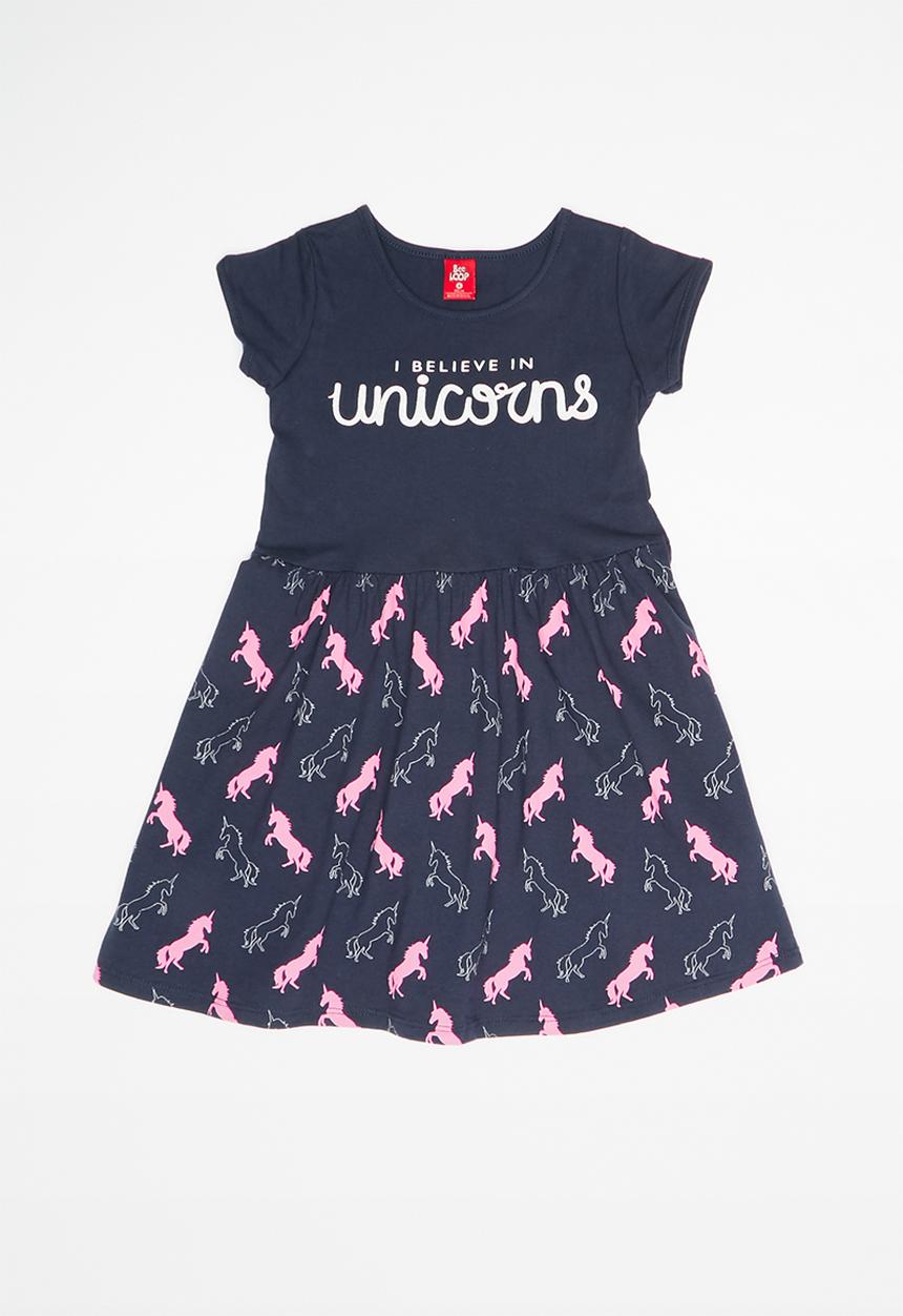 Bee Loop - Single jersey unicorn dress - navy & pink