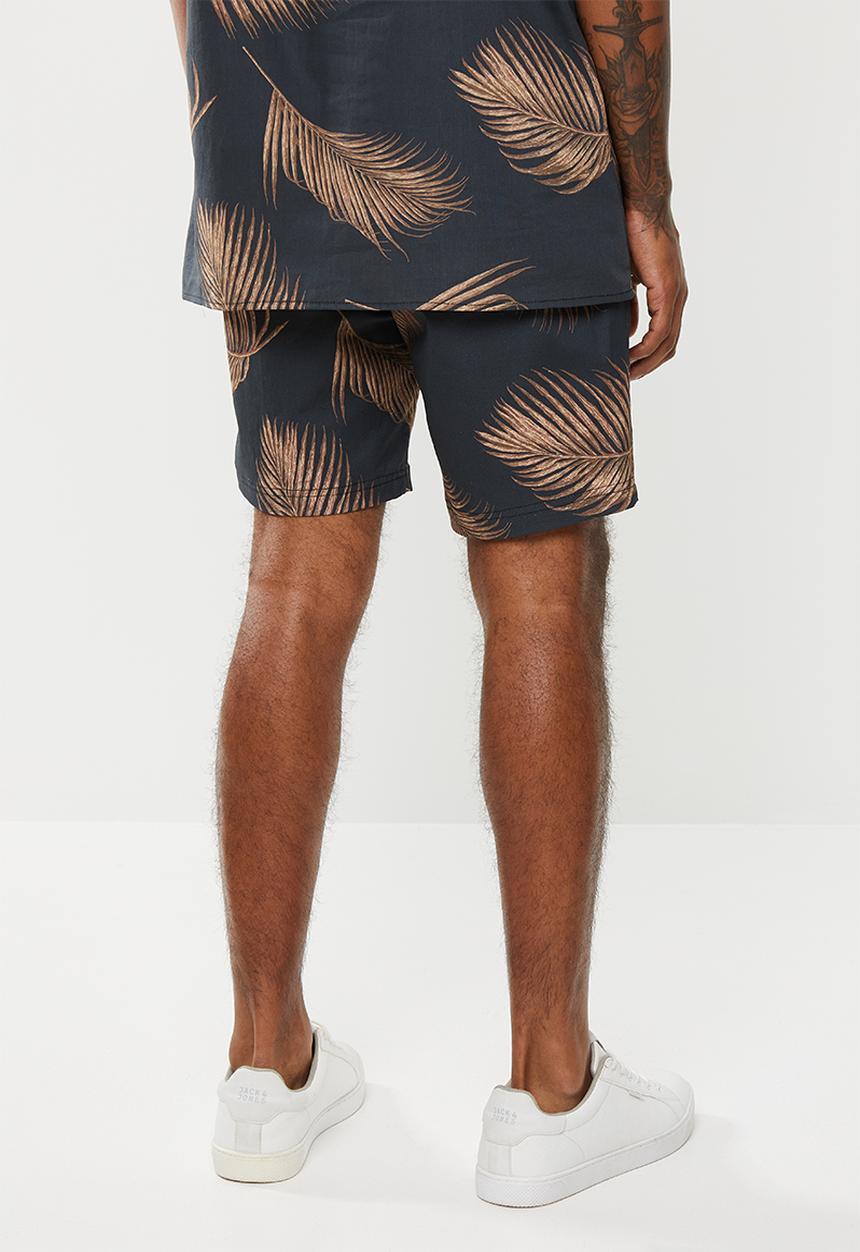 Superbalist - Palm printed elastic volume shorts - black & brown