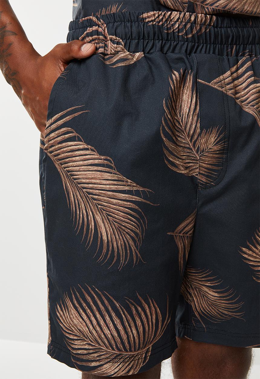 Superbalist - Palm printed elastic volume shorts - black & brown