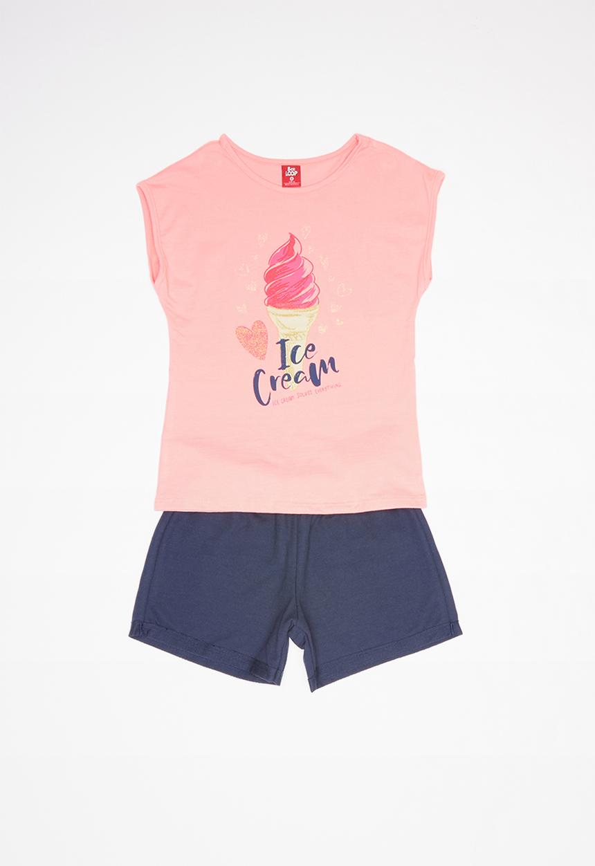 Bee Loop - Single jersey top and sweatshorts set - pink & navy