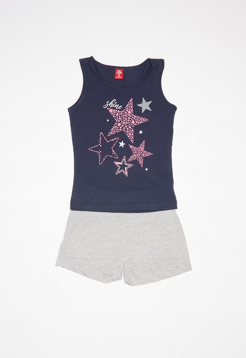 Bee Loop - Single jersey tank top and skirt-shorts set - navy & grey