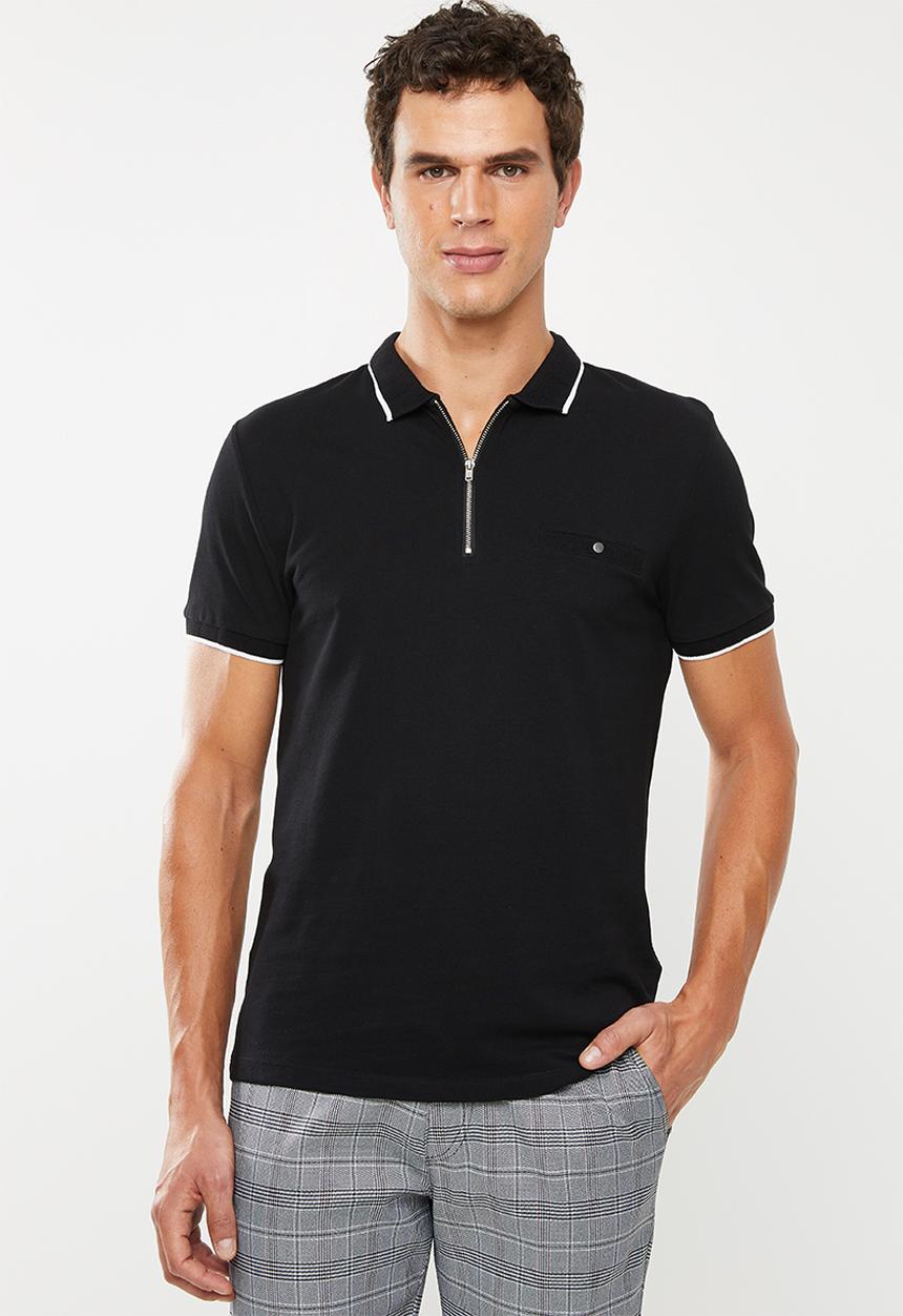 New Look - Paul tipped zip polo - black