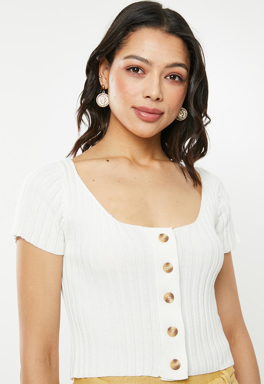 Glamorous - Button front rib crop - cream