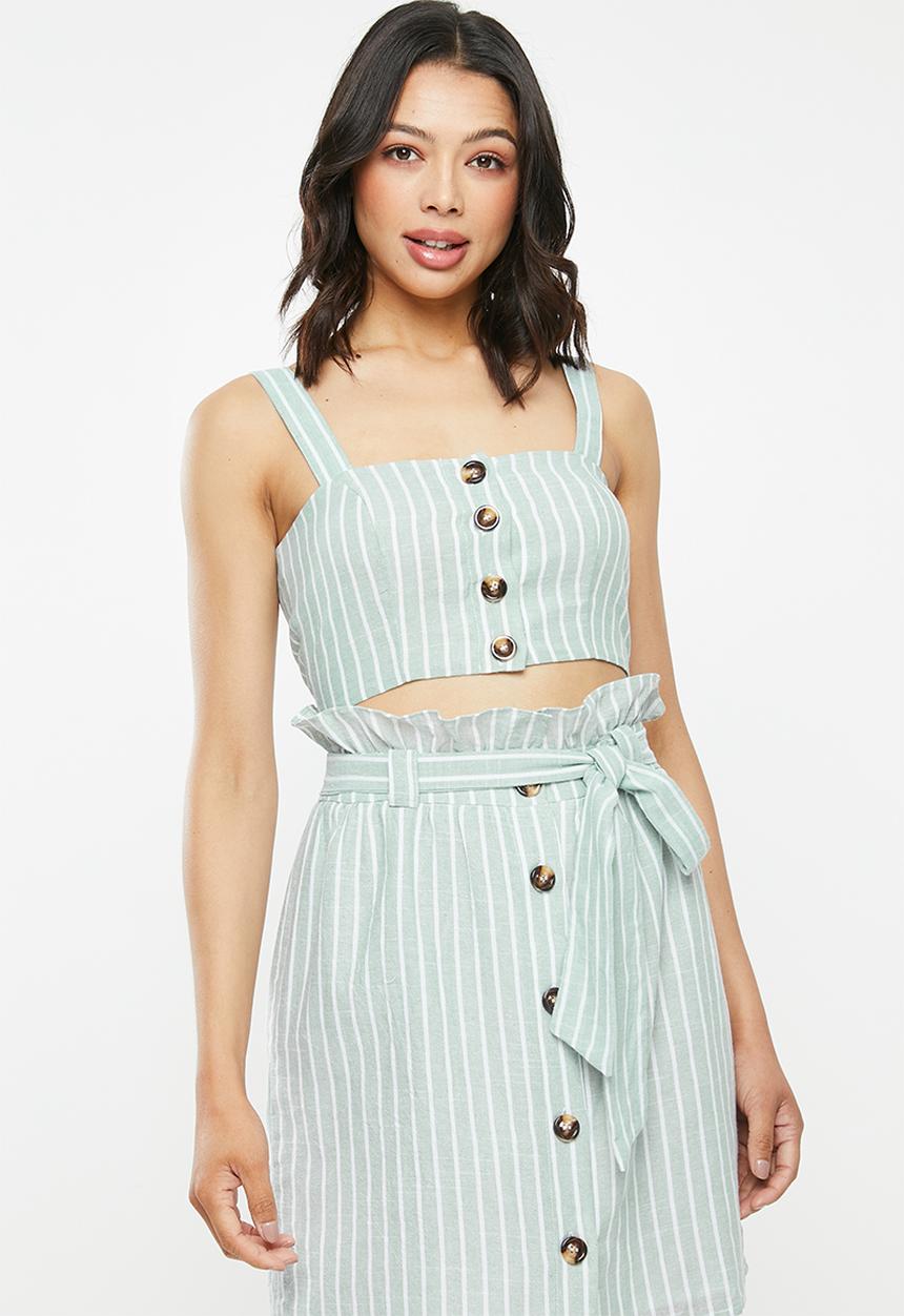 Glamorous - Button through co ord top - green & white