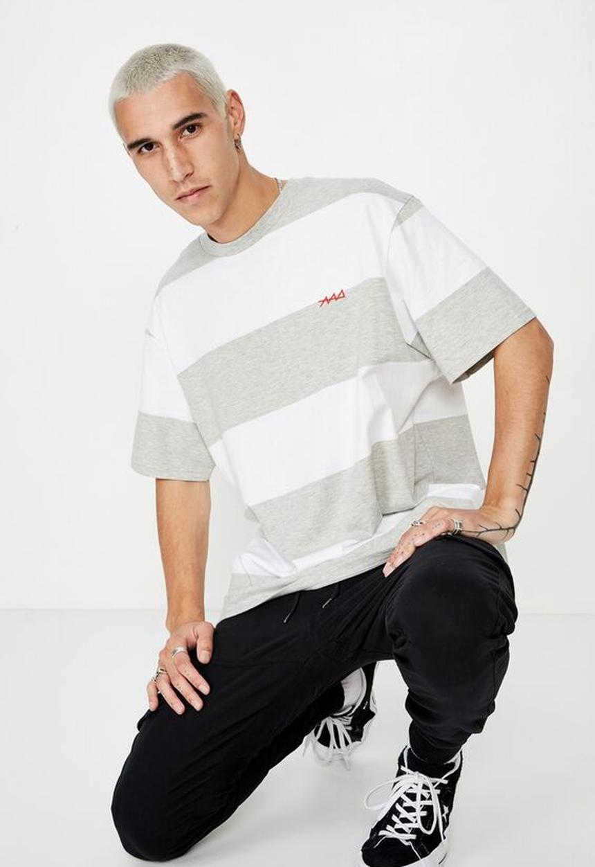 Factorie - Embroidered stripe T-shirt - white & grey 