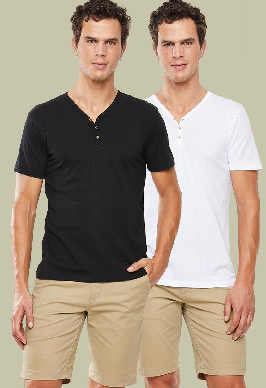 Superbalist - Plain short sleeve 2 pack henley tees - black & white