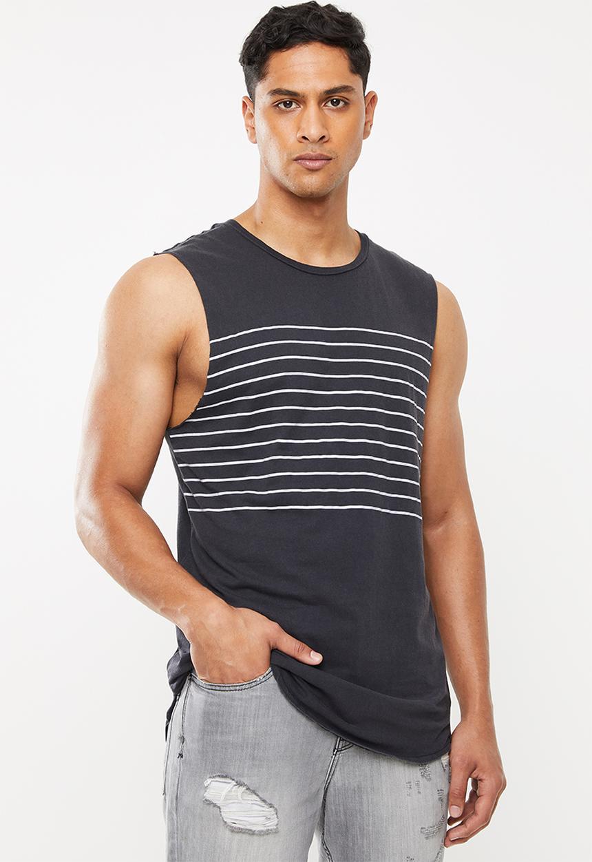 Cotton On - Chest stripe long curve hem muscle tank - charcoal