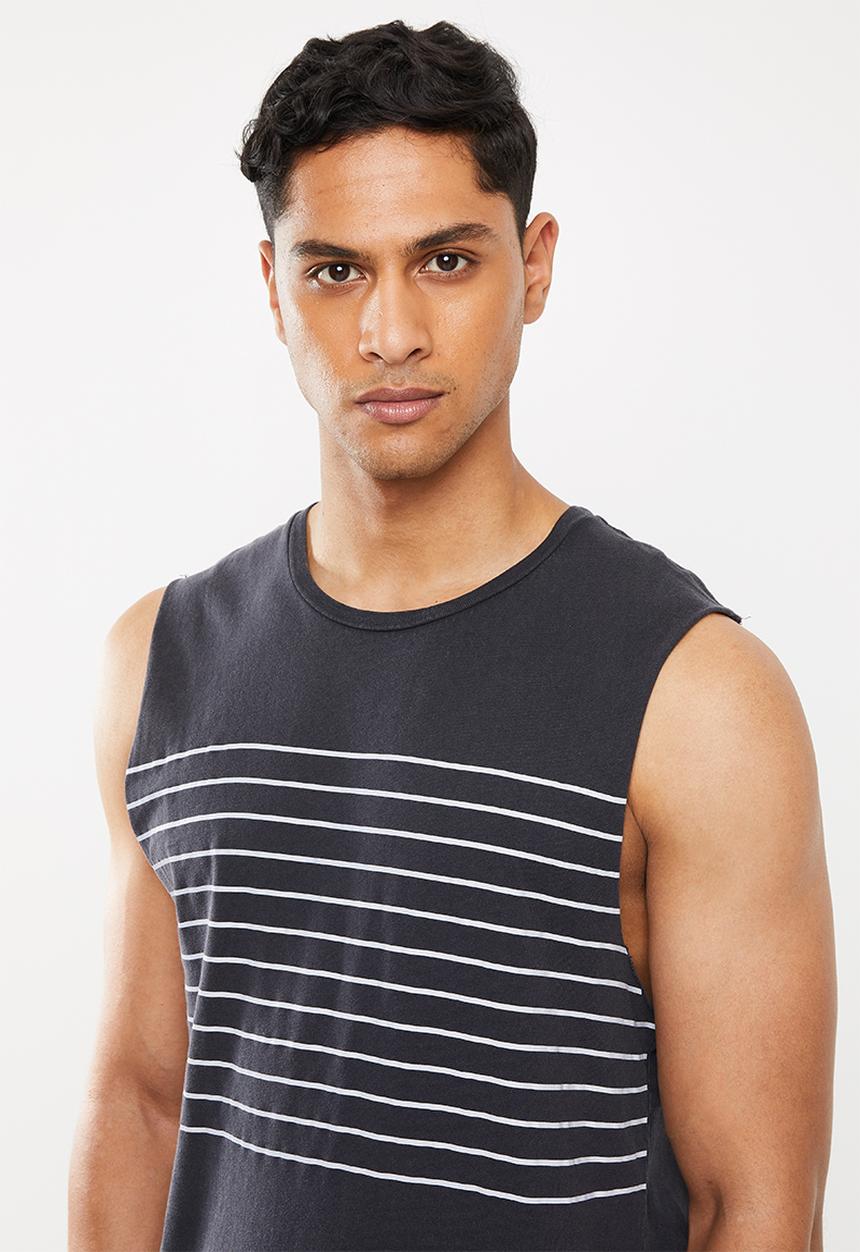 Cotton On - Chest stripe long curve hem muscle tank - charcoal