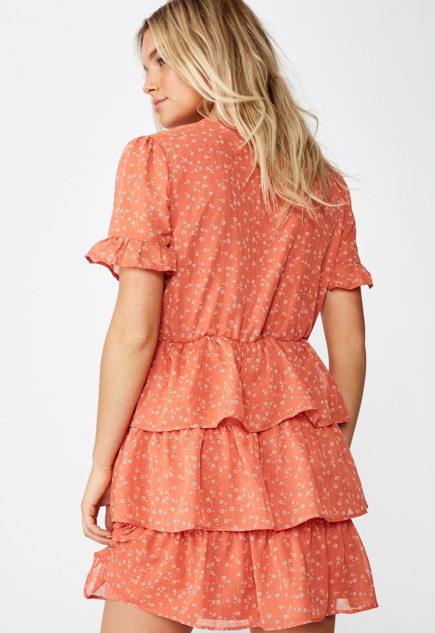 Cotton On - Woven sara short sleeve ruffle mini dress  - orange & white