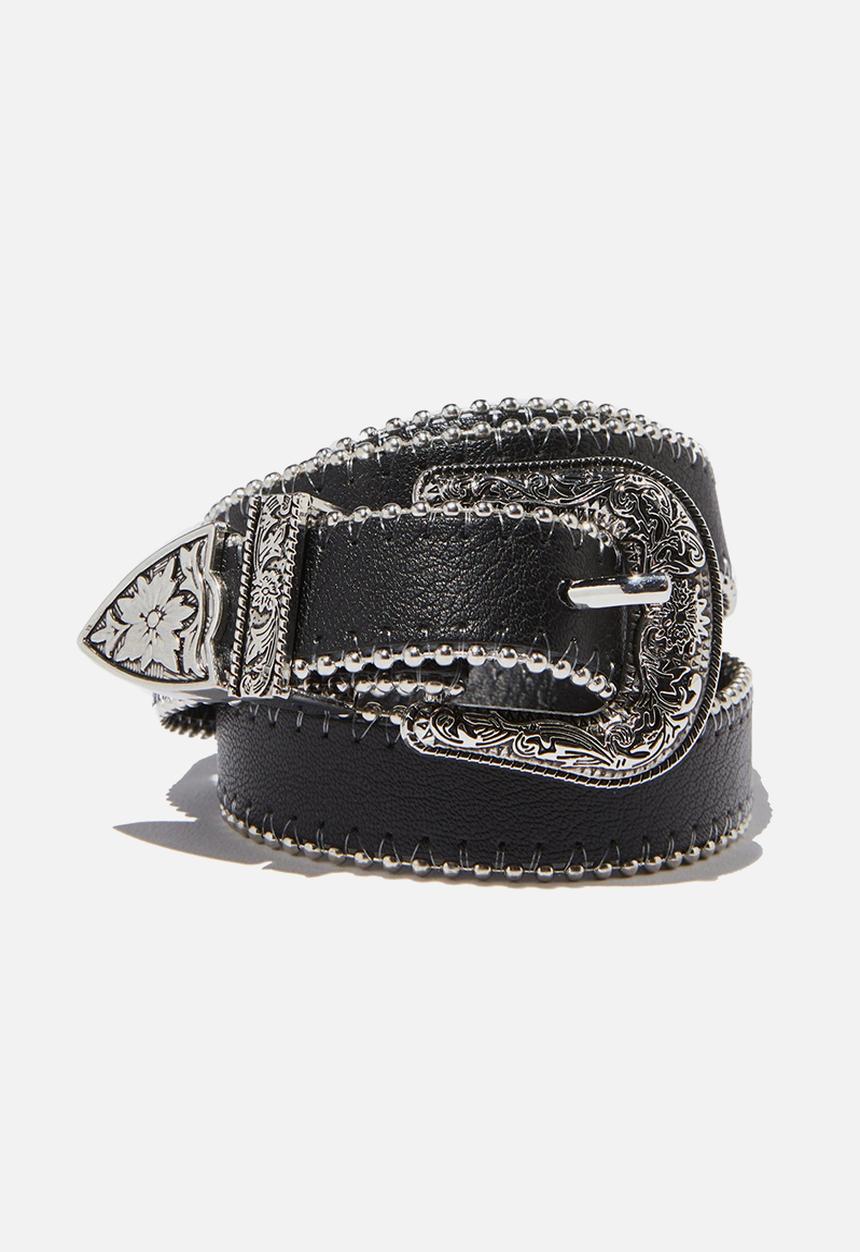 Rubi - Western skinny studded belt - black & silver 