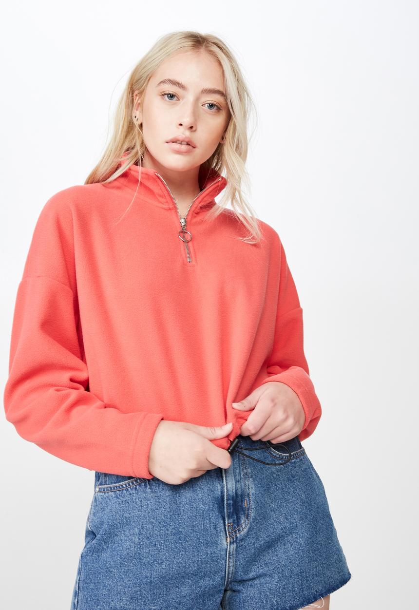 Factorie - Crop quarter zip polar fleece - coral