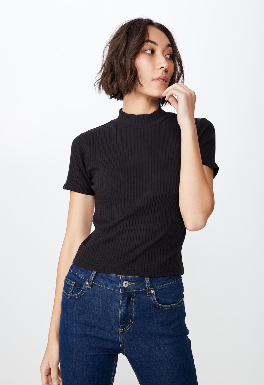 Factorie - Short sleeve rib funnel neck T-shirt - black