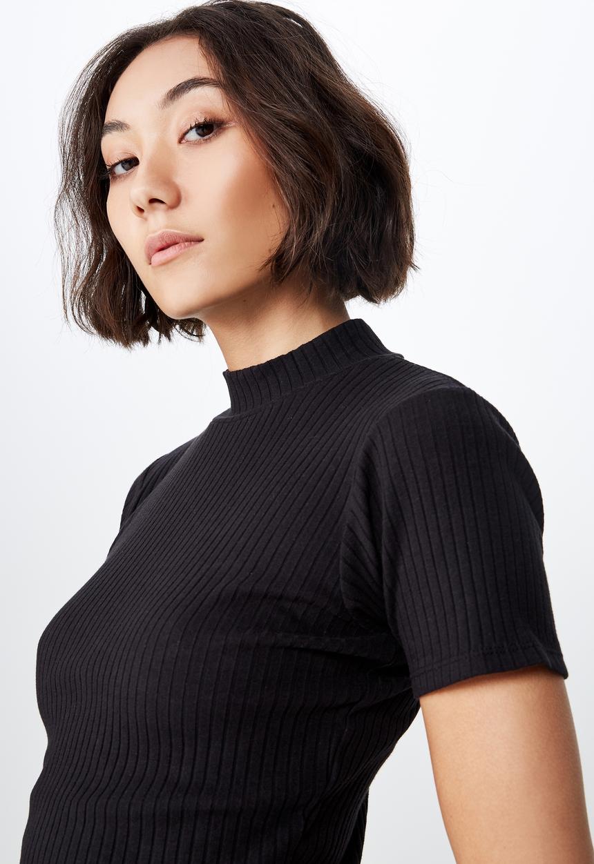 Factorie - Short sleeve rib funnel neck T-shirt - black