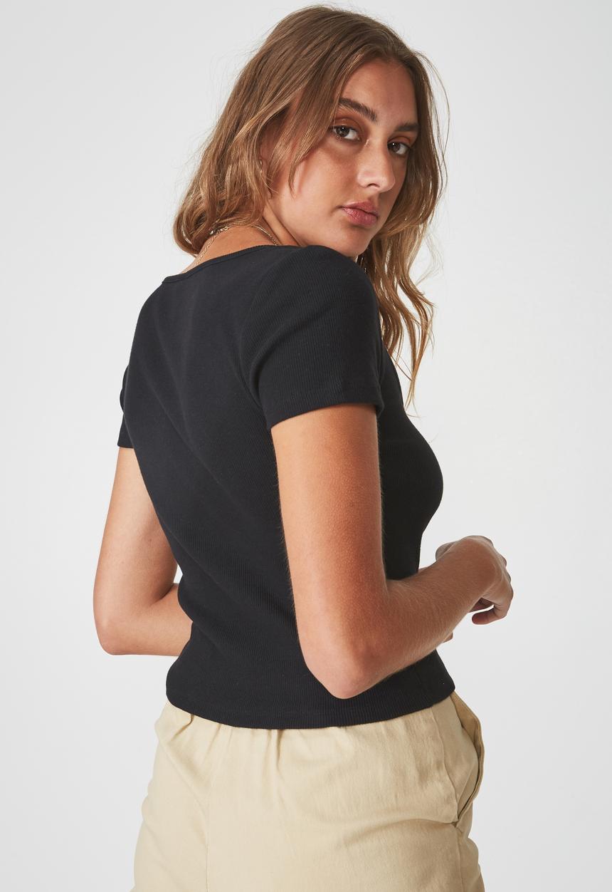 Factorie - Wide scoop neck short sleeve top - black