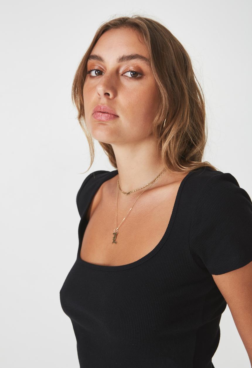 Factorie - Wide scoop neck short sleeve top - black