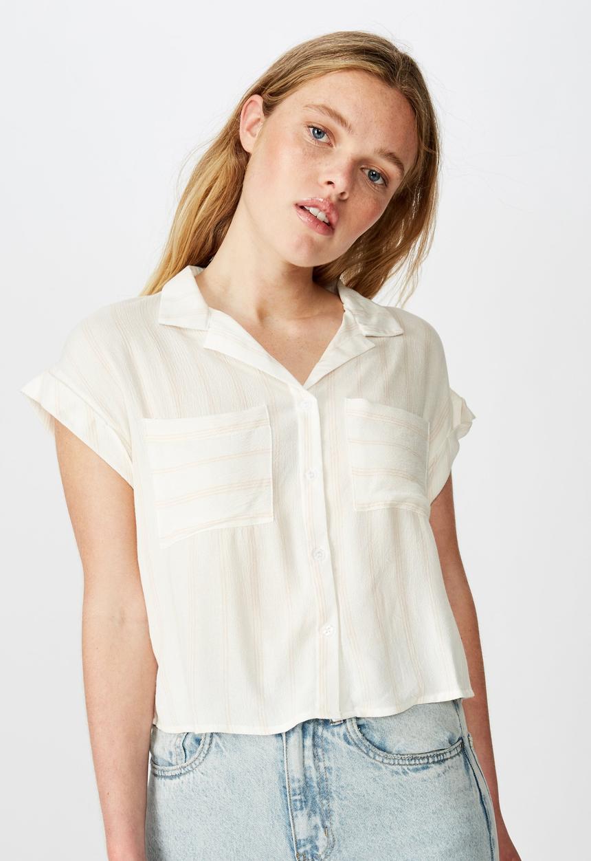 Cotton On - Emily chopped short sleeve shirt  - cream & pink