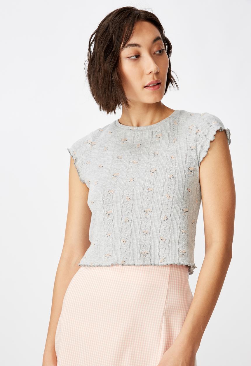 Factorie - Short sleeve pointelle top  - grey