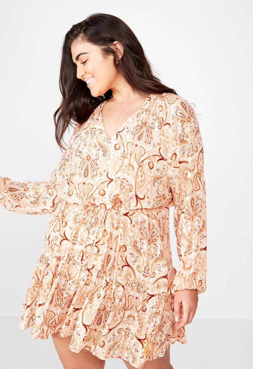 Cotton On - Curve woven lacy long sleeeve mini dress  - peach