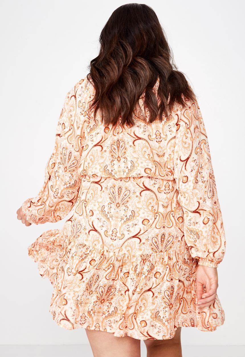 Cotton On - Curve woven lacy long sleeeve mini dress  - peach