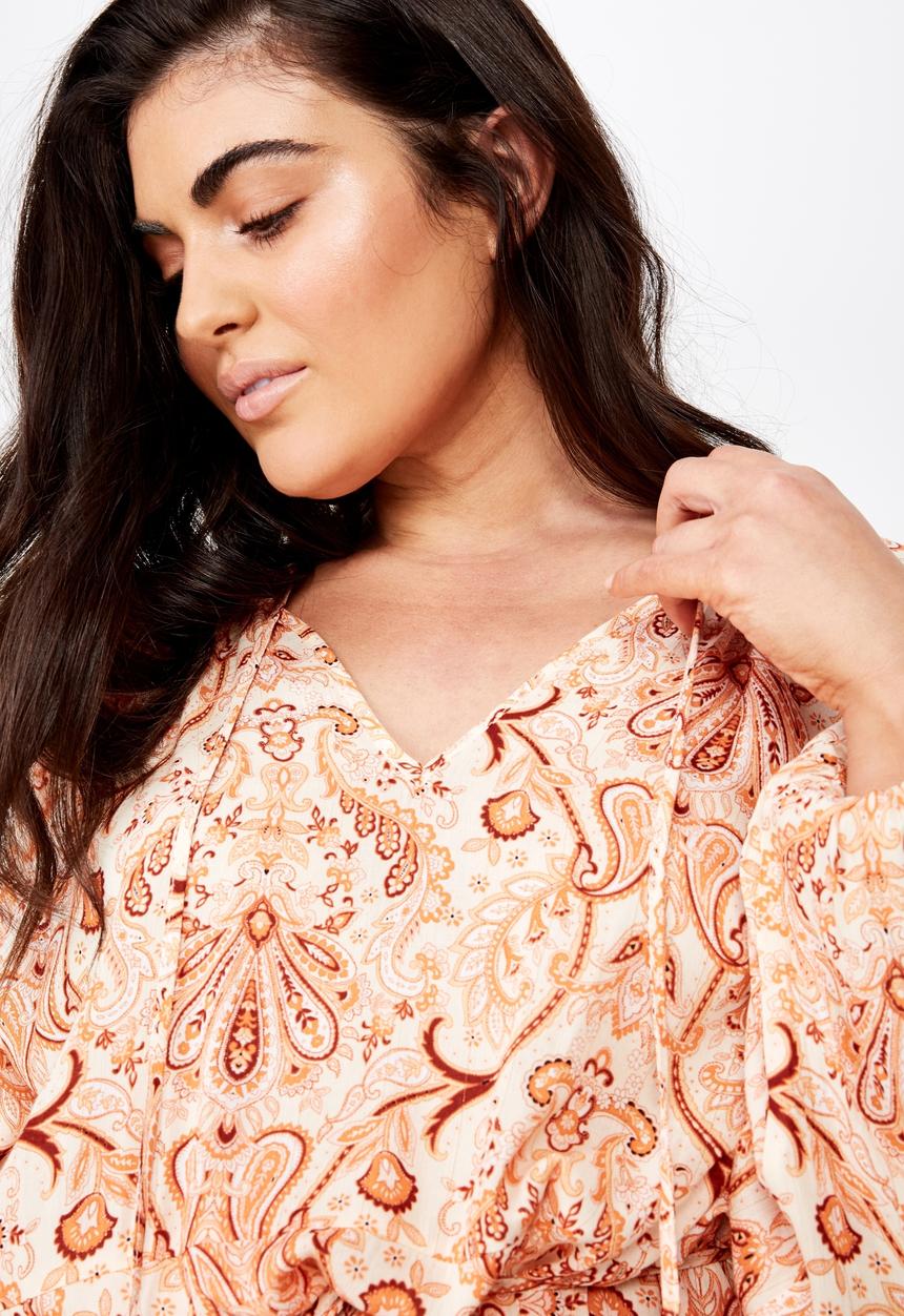 Cotton On - Curve woven lacy long sleeeve mini dress  - peach