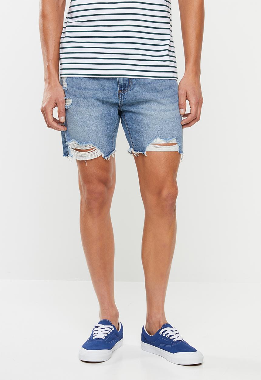 Factorie - Ripped rigid denim short - blue