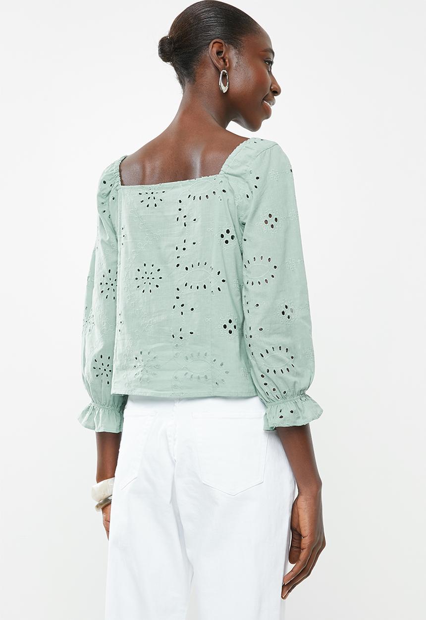 Superbalist - Square neck anglaise blouse - green
