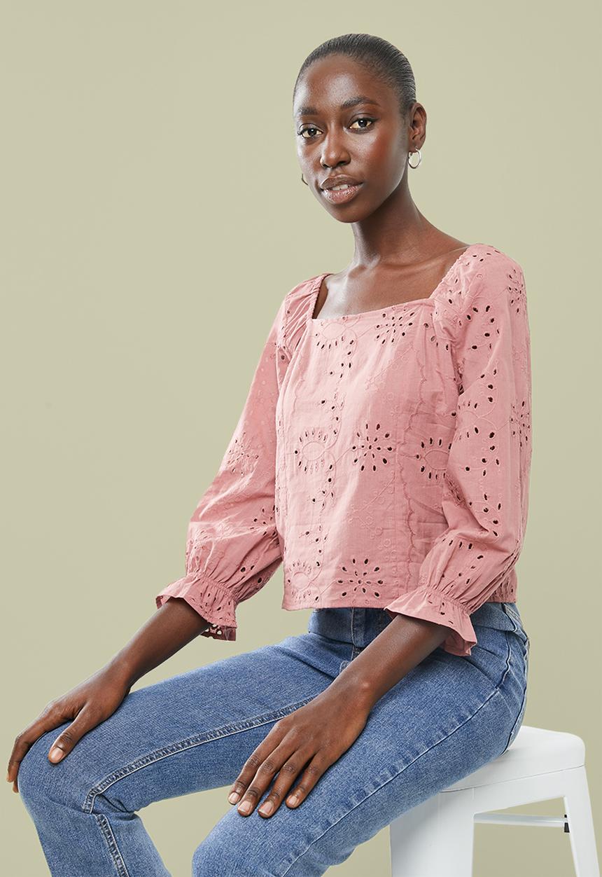 Superbalist - Square neck anglaise blouse - pink