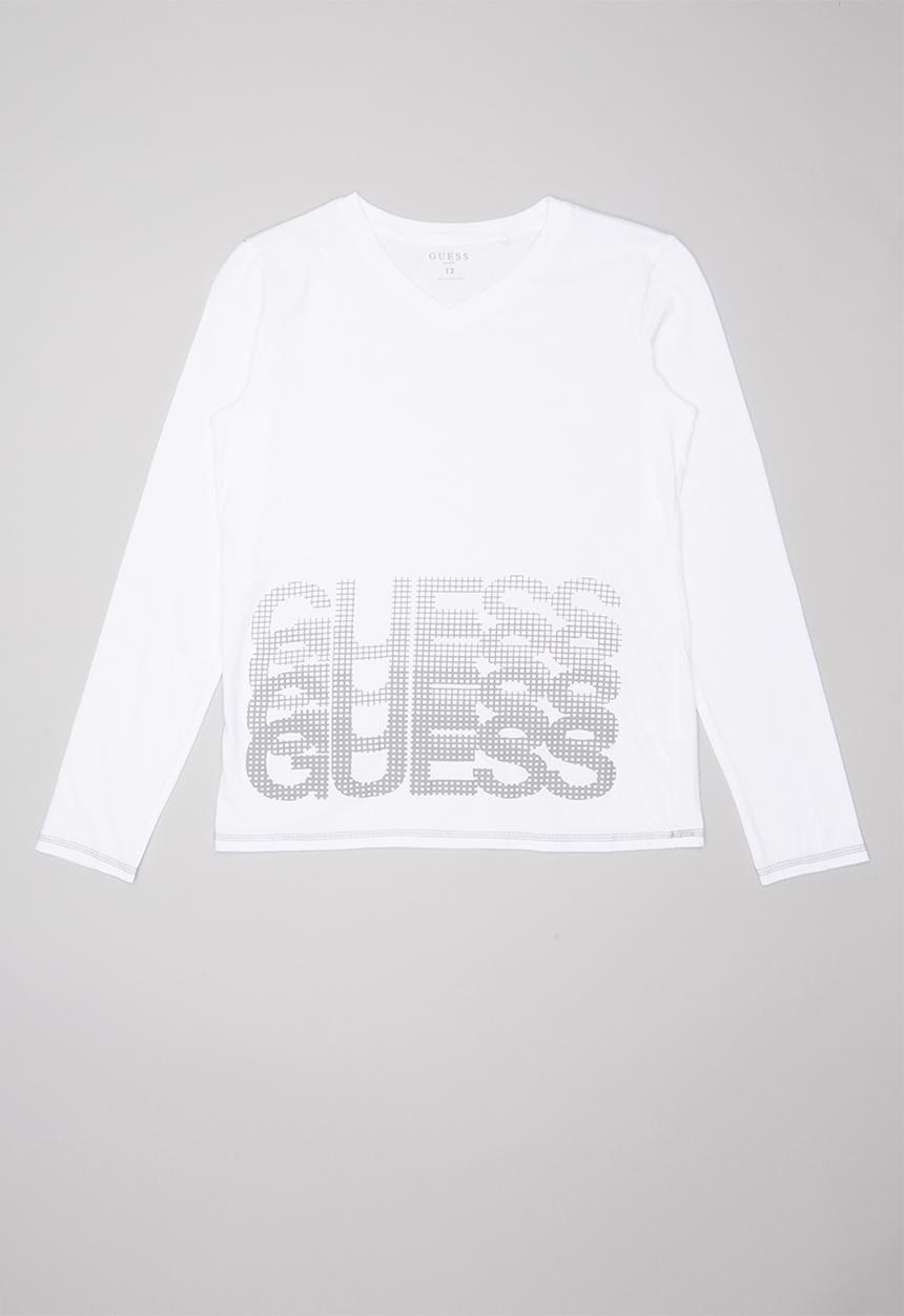 GUESS - Teens long sleeve guess branded V-neck tee - white