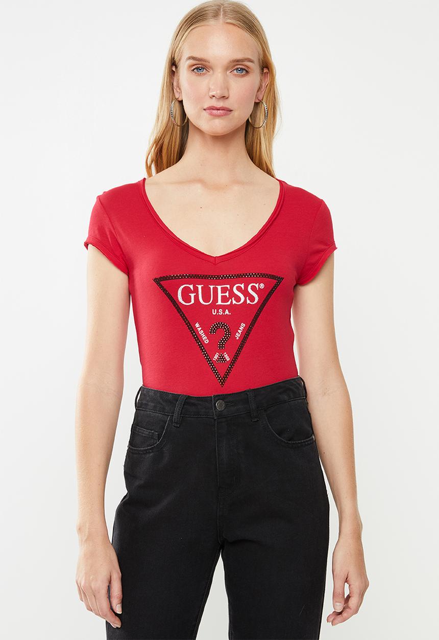 GUESS - Short sleeve bling logo V-neck tee - red
