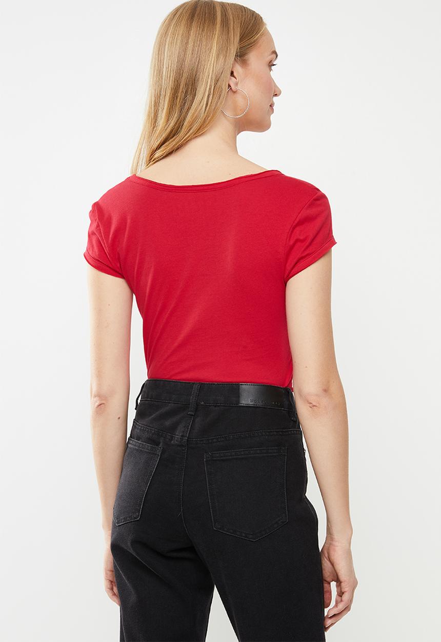 GUESS - Short sleeve bling logo V-neck tee - red