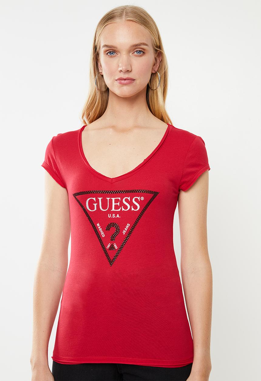 GUESS - Short sleeve bling logo V-neck tee - red