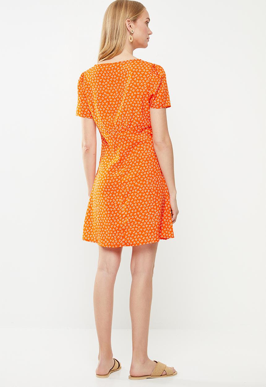Cotton On - Woven dotti deep v puff sleeve mini - orange