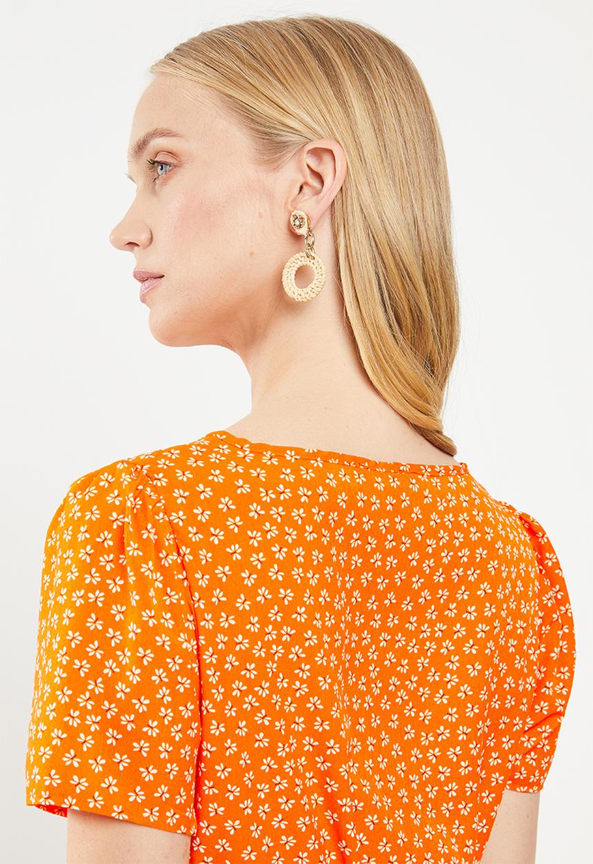 Cotton On - Woven dotti deep v puff sleeve mini - orange